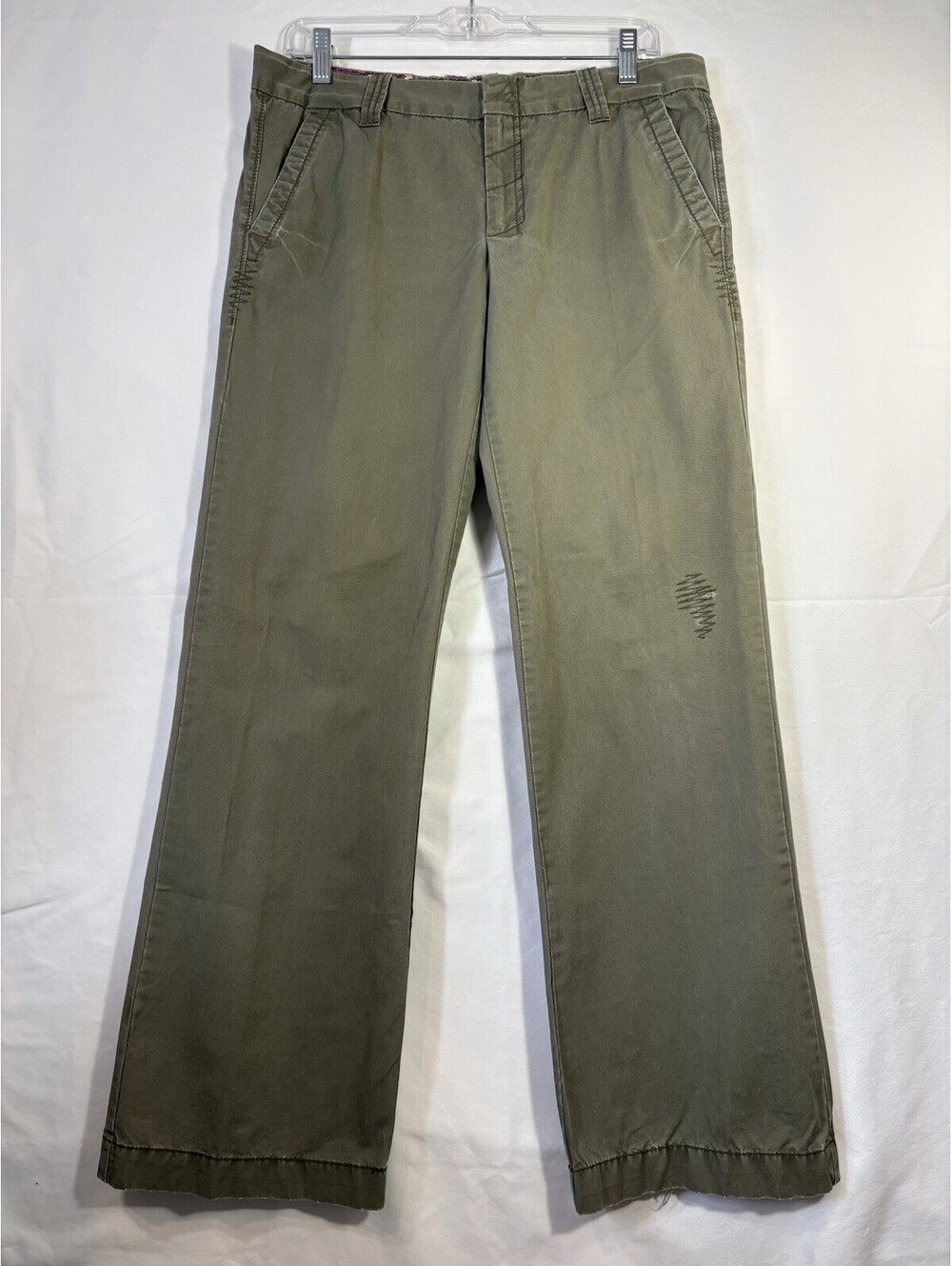 Old Navy Ultra Low Rise Boot Pants Womens 8 Army Green Y2K Embroidered Raw Hem